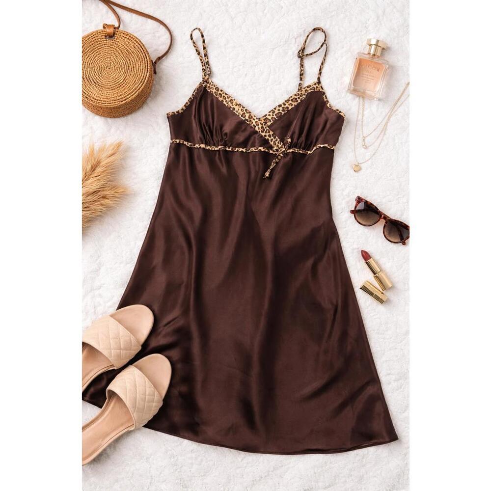Y2K Morgan Taylor Intimates Brown Satin Slip Dress with Leopard Trim, Size M